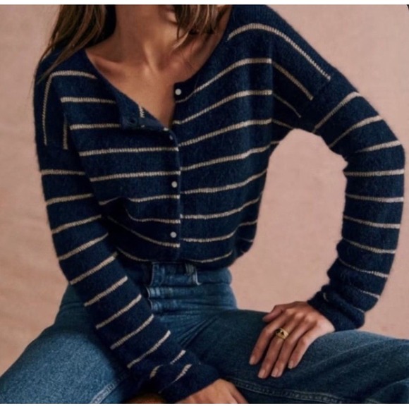 Sezane Sweaters - La Maille Sezane Mohair Alpaca Bld Blue Gold Stripe Cardigan Sweater Sz S Italy